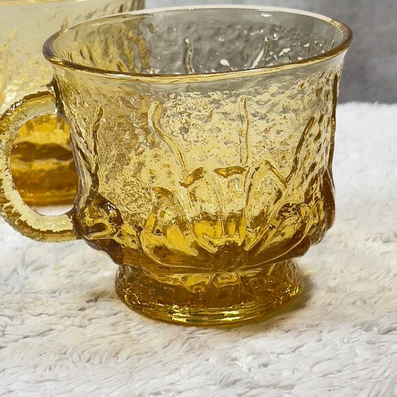 Anchor Hocking Vintage 70s Glass Mugs Set Of 4 Amber Daisies Rain Flowers 6 Oz. - Picture 5 of 14